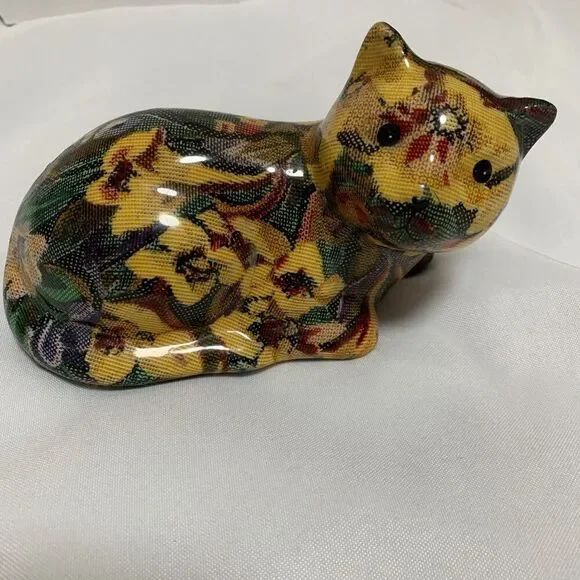 Vintage 1960's  Floral Fabric Glazed  Decoupage Cat Figurine, ceramic decorative - Picture 2 of 9